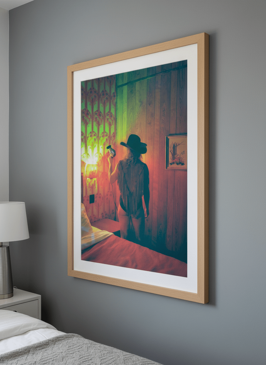Minimalist artwork displayed in a calm, light-filled bedroom interior