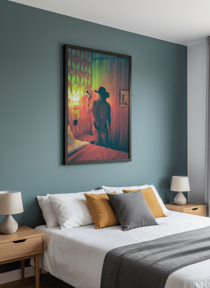 Minimalist artwork displayed in a calm, light-filled bedroom interior