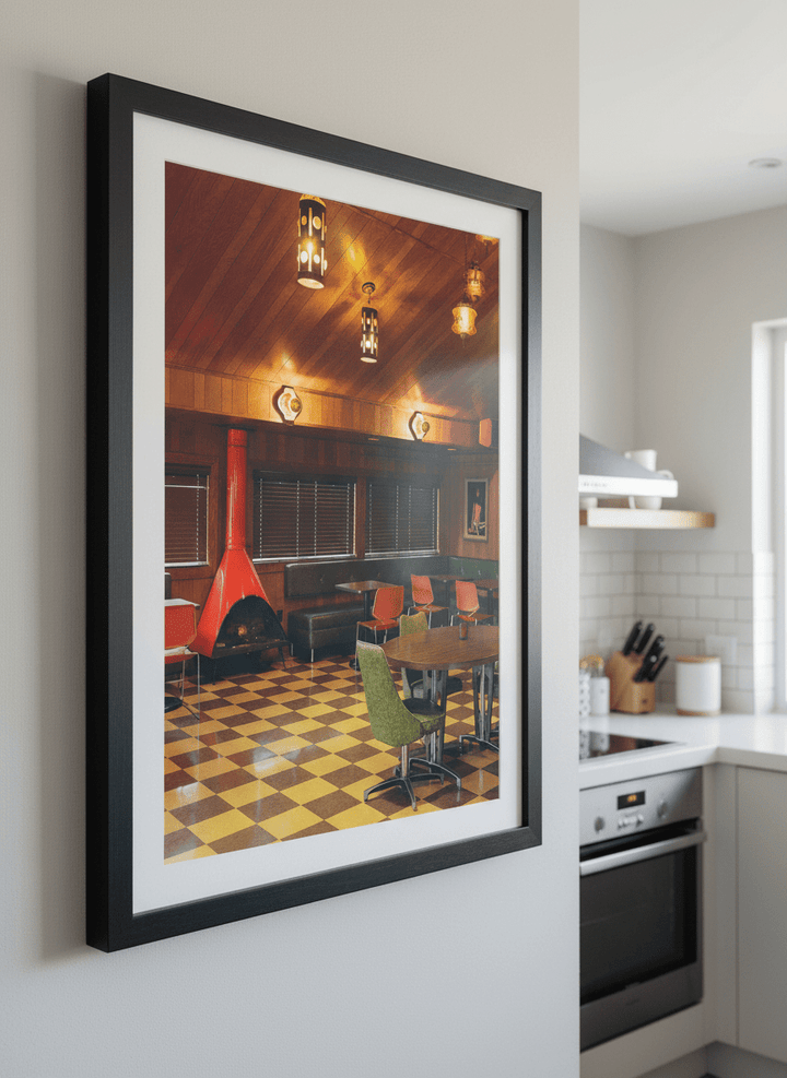 Artwork styled on the wall of a bright modern kitchen