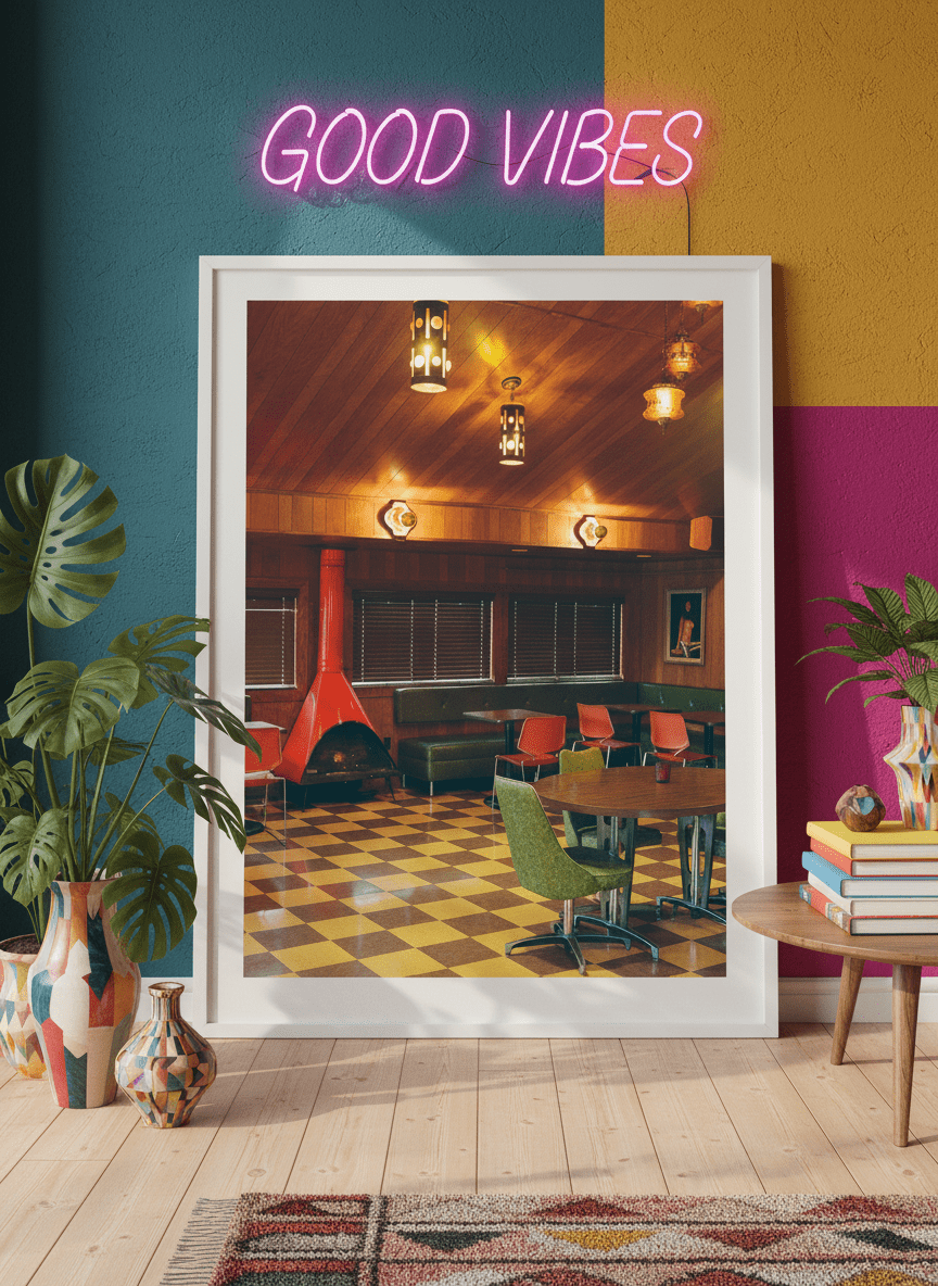 Bold wall art styled in a colourful, eclectic modern home