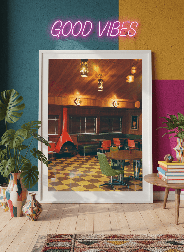 Bold wall art styled in a colourful, eclectic modern home