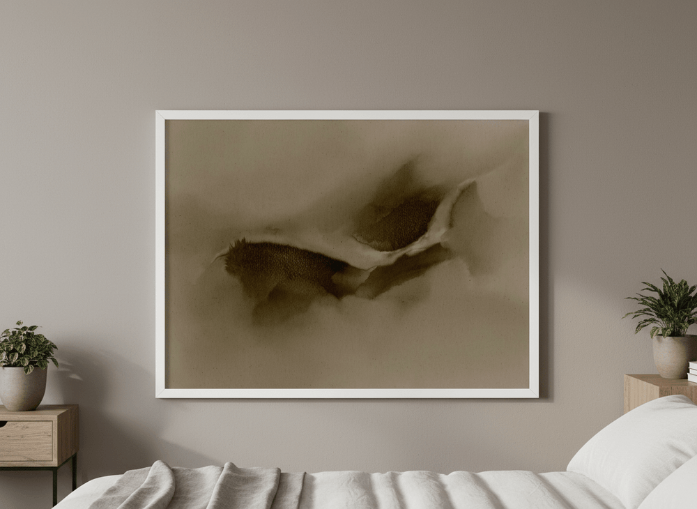 Minimalist artwork displayed in a calm, light-filled bedroom interior