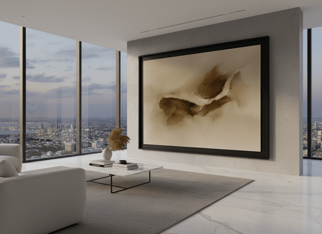 Monumental artwork centred on a feature wall in a luxe interior