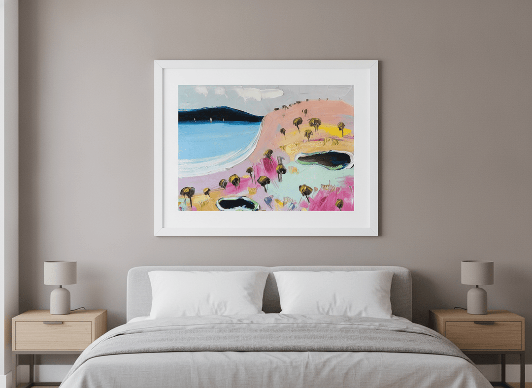 Minimalist artwork displayed in a calm, light-filled bedroom interior