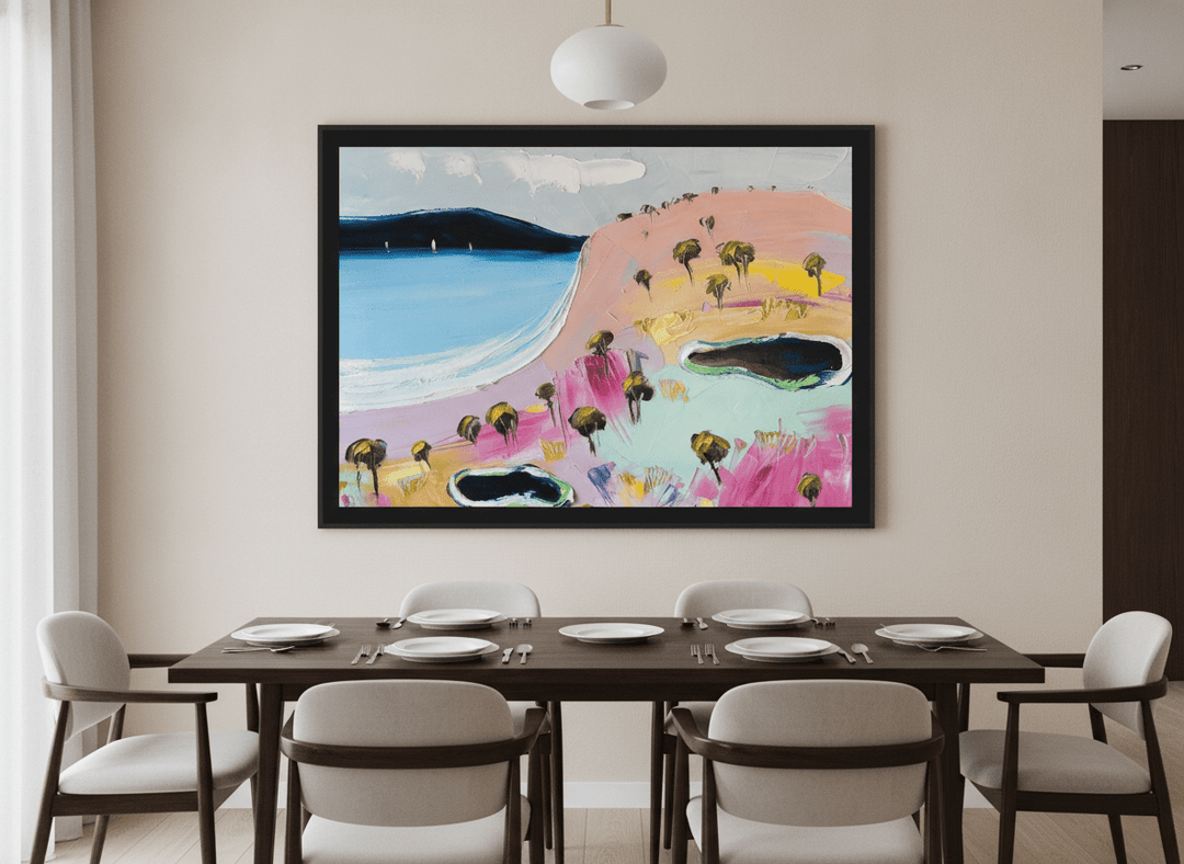 Wall art styled above a dining table in a contemporary home