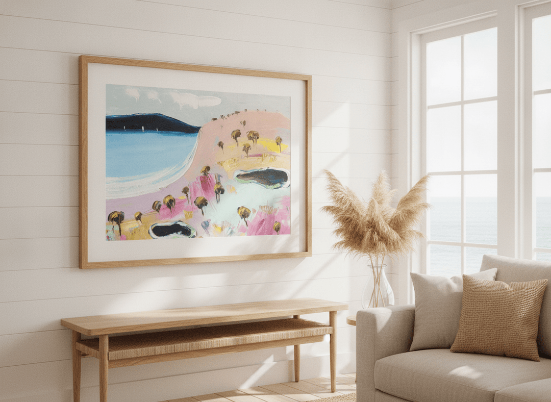 Neutral wall art displayed in a sunny coastal beach house