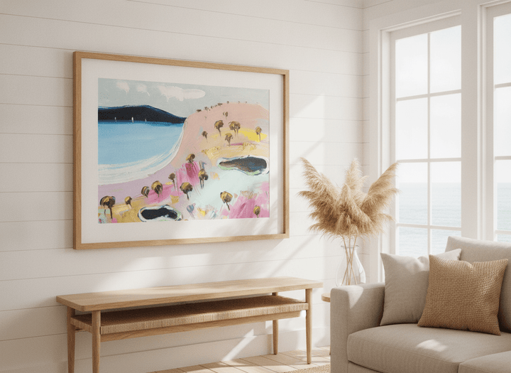 Neutral wall art displayed in a sunny coastal beach house