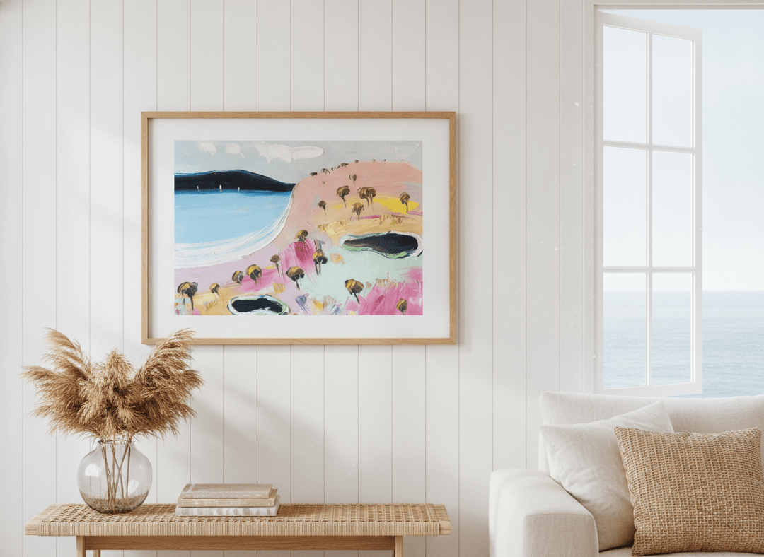 Neutral wall art displayed in a sunny coastal beach house
