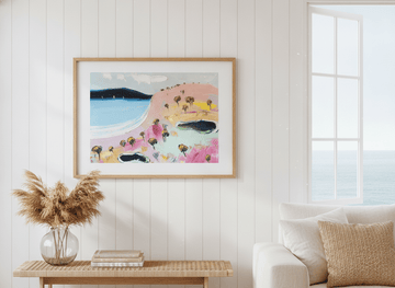 Neutral wall art displayed in a sunny coastal beach house