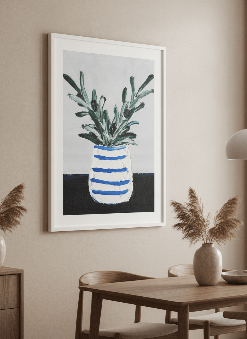 Wall art styled above a dining table in a contemporary home