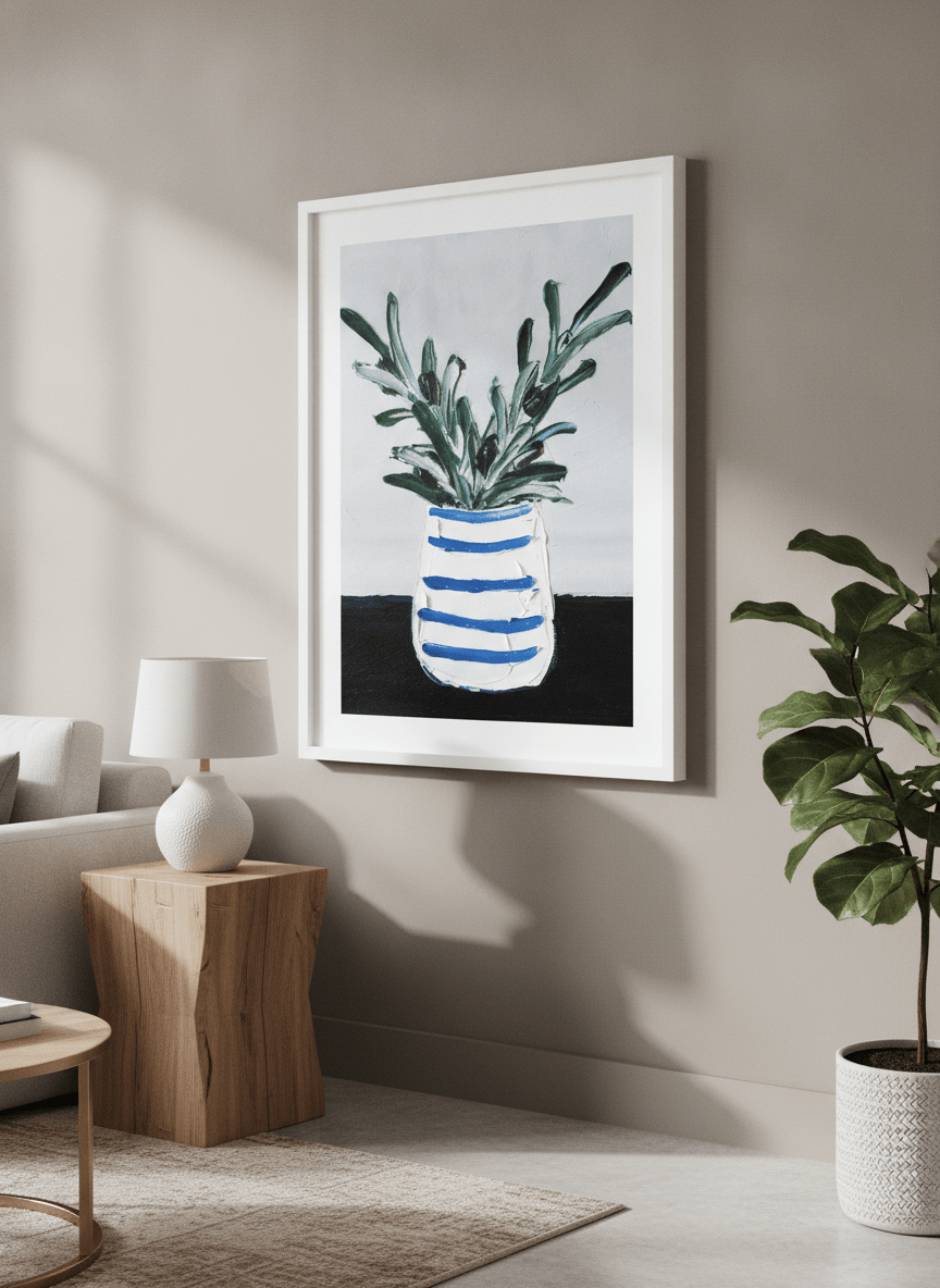 Modern wall art styled above a sofa in a neutral living room