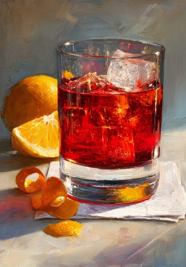 Negroni Orange Peel Oil Illustration Artwork Wall Art Food and Drink poster frame