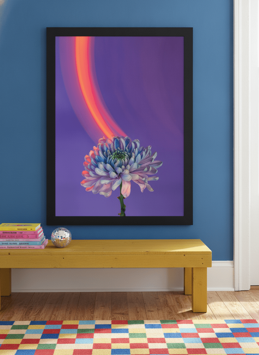 Modern wall art print standing on a side table in a colourful eclectic bedroom