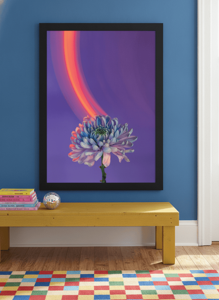 Modern wall art print standing on a side table in a colourful eclectic bedroom