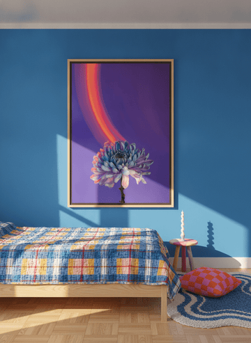 Oversized statement canvas wall art with a natural timber surround styled on the wall in a colourful eclectic bedroom