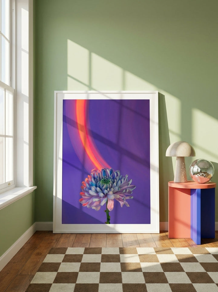 Oversized statement modern wall art print leaning against the wall in a colourful eclectic dining room