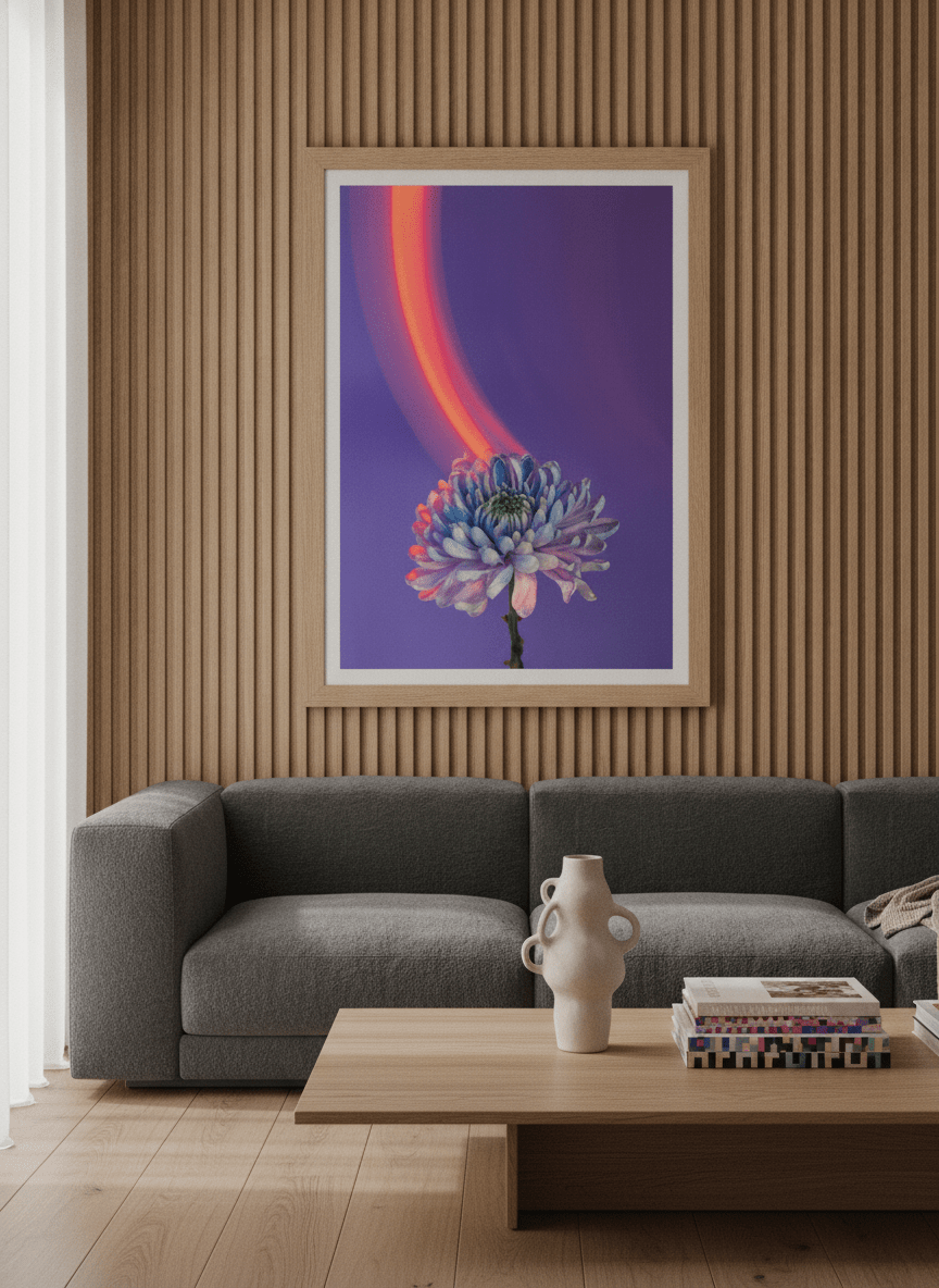 Modern wall art print styled on the wall in a luxe living room