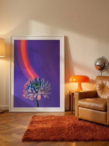 Modern wall art print leaning against the wall in a retro 70s living room
