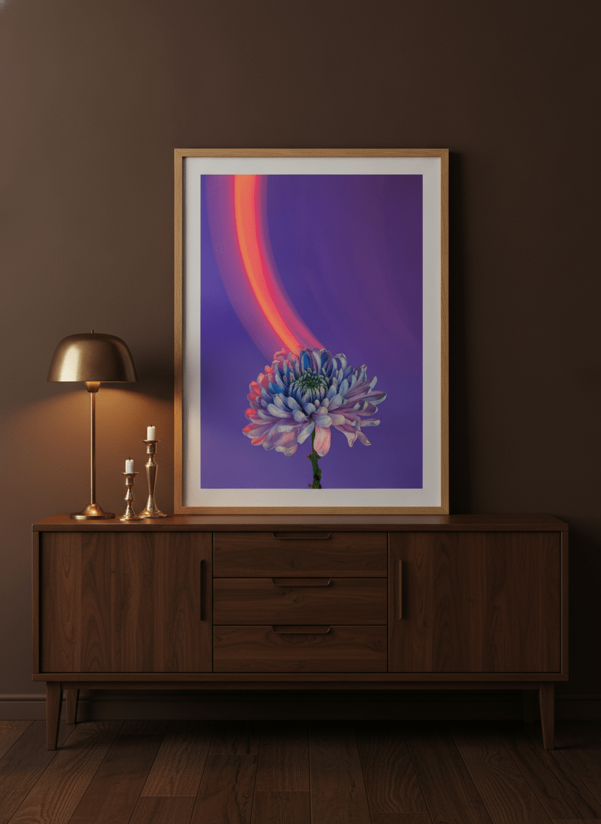 Modern wall art print standing on a sideboard in a moody home office