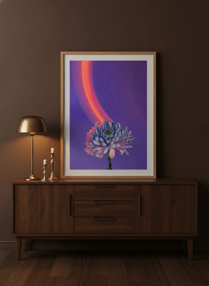 Modern wall art print standing on a sideboard in a moody home office