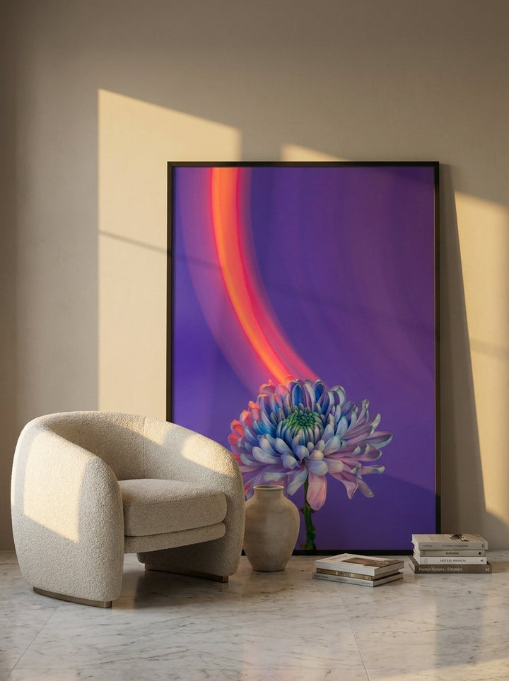 Oversized statement modern wall art print leaning against the wall in a luxe dining room