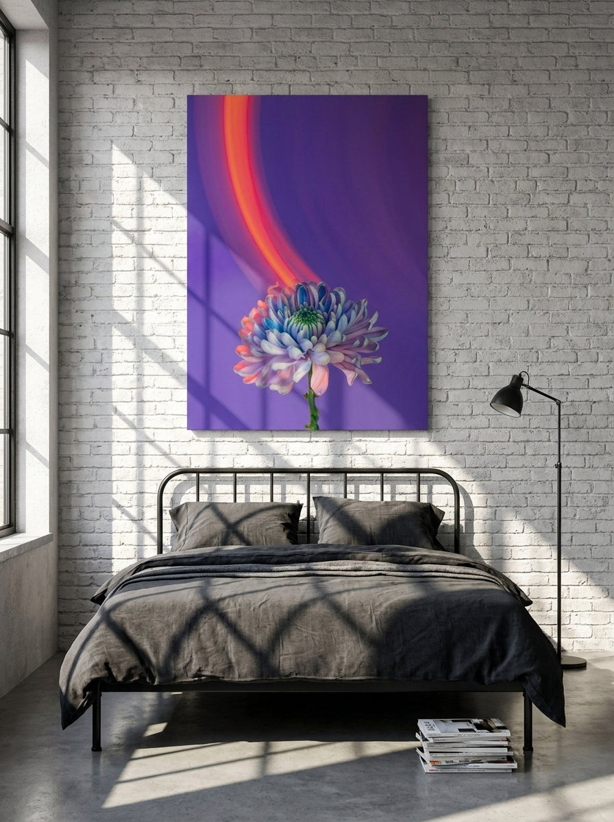 Stretched canvas wall art styled on the wall in an industrial loft bedroom