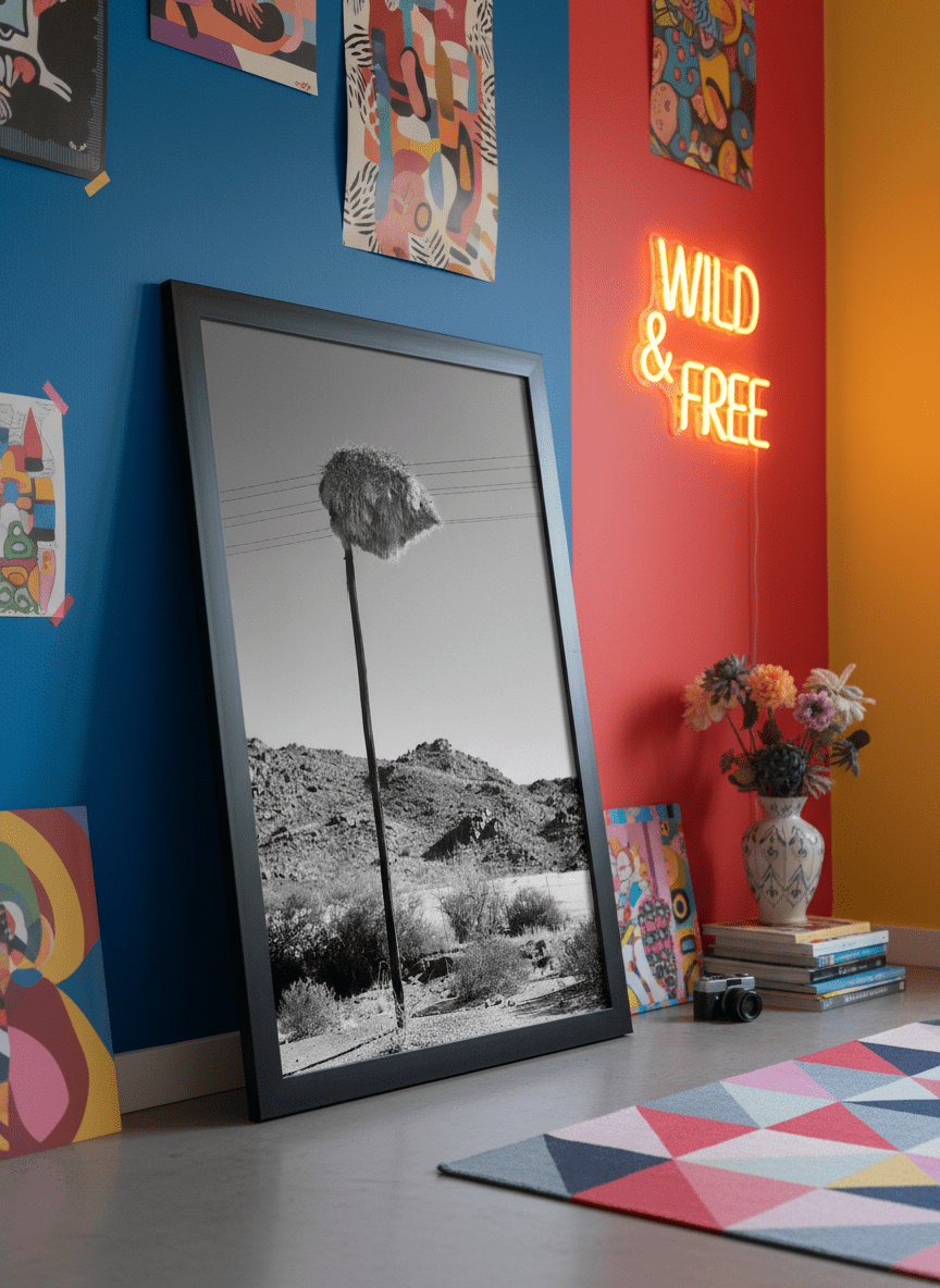 Bold wall art styled in a colourful, eclectic modern home
