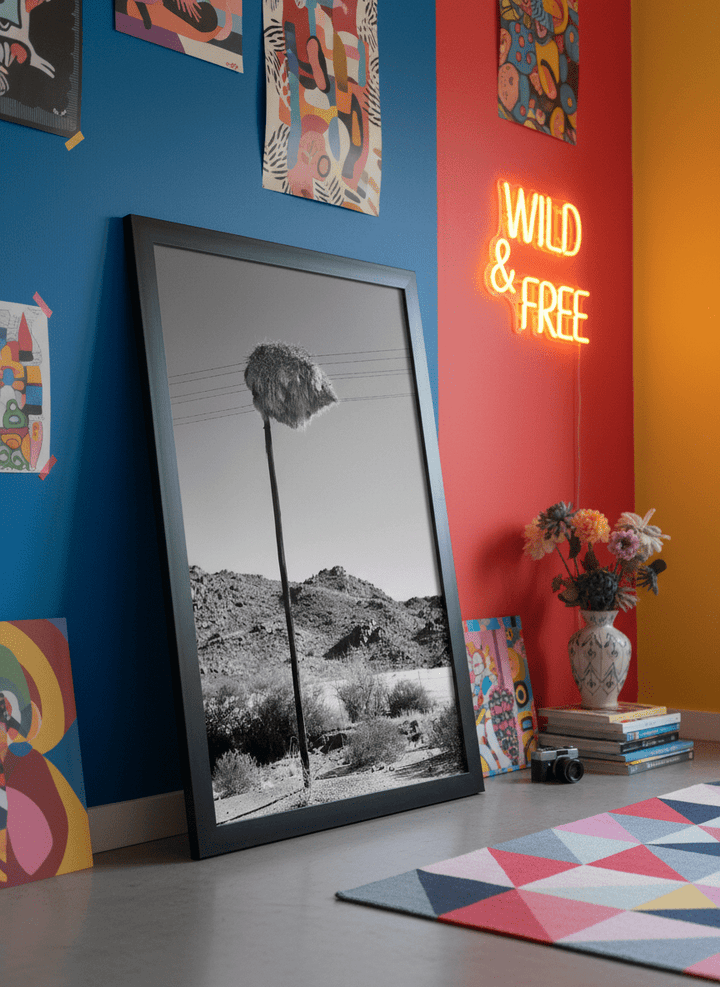 Bold wall art styled in a colourful, eclectic modern home