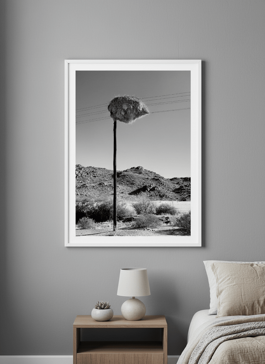 Minimalist artwork displayed in a calm, light-filled bedroom interior