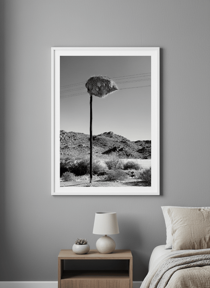 Minimalist artwork displayed in a calm, light-filled bedroom interior