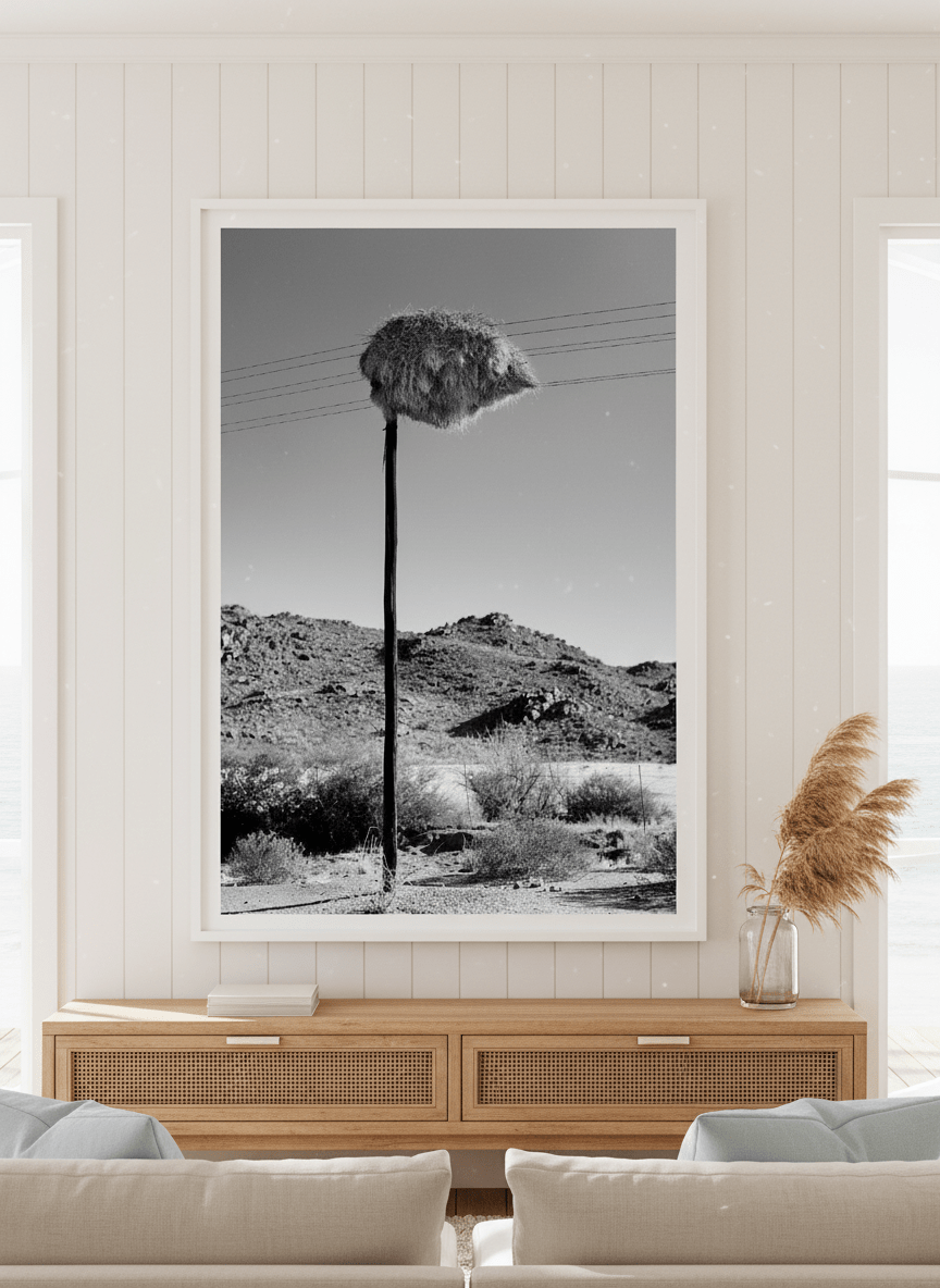 Neutral wall art displayed in a sunny coastal beach house
