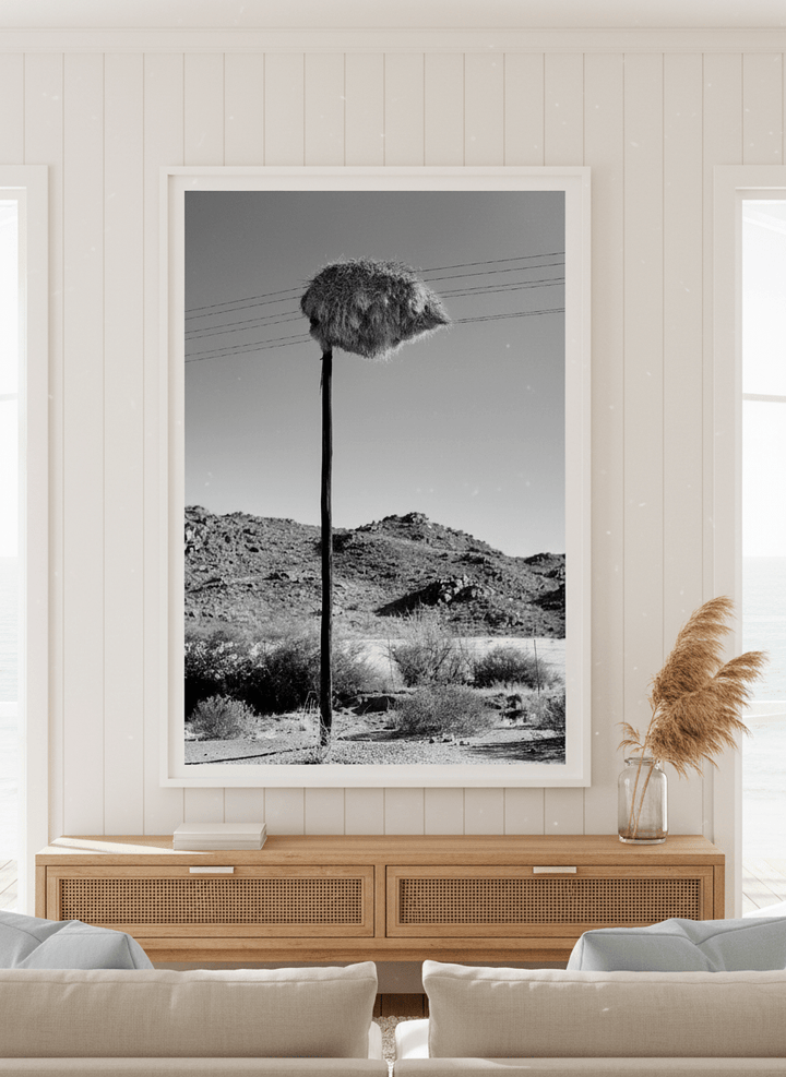 Neutral wall art displayed in a sunny coastal beach house