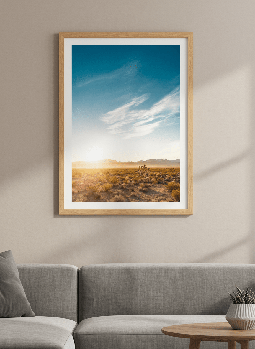 Modern wall art styled above a sofa in a neutral living room