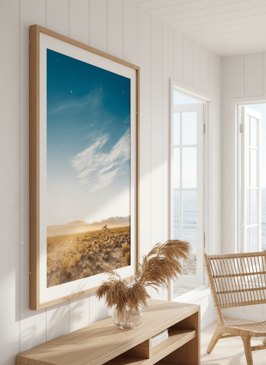 Neutral wall art displayed in a sunny coastal beach house