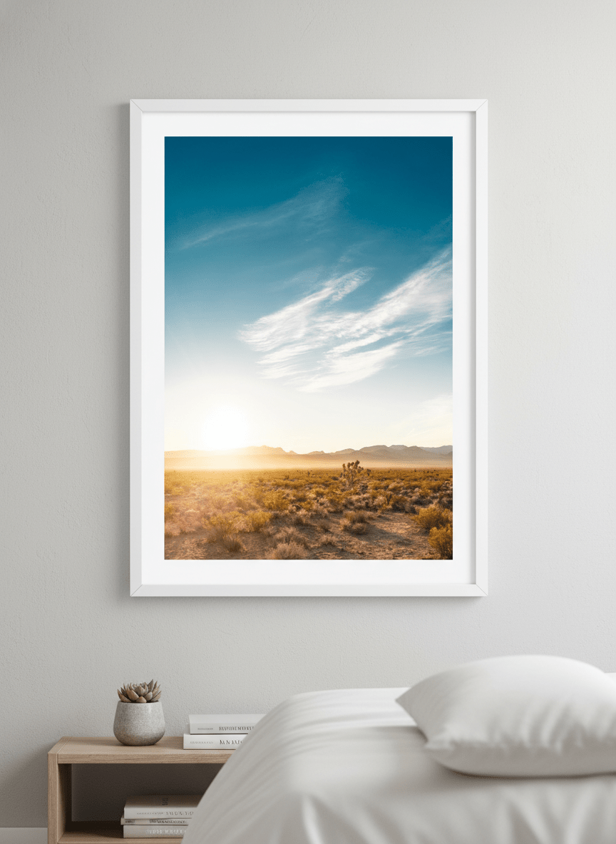 Minimalist artwork displayed in a calm, light-filled bedroom interior