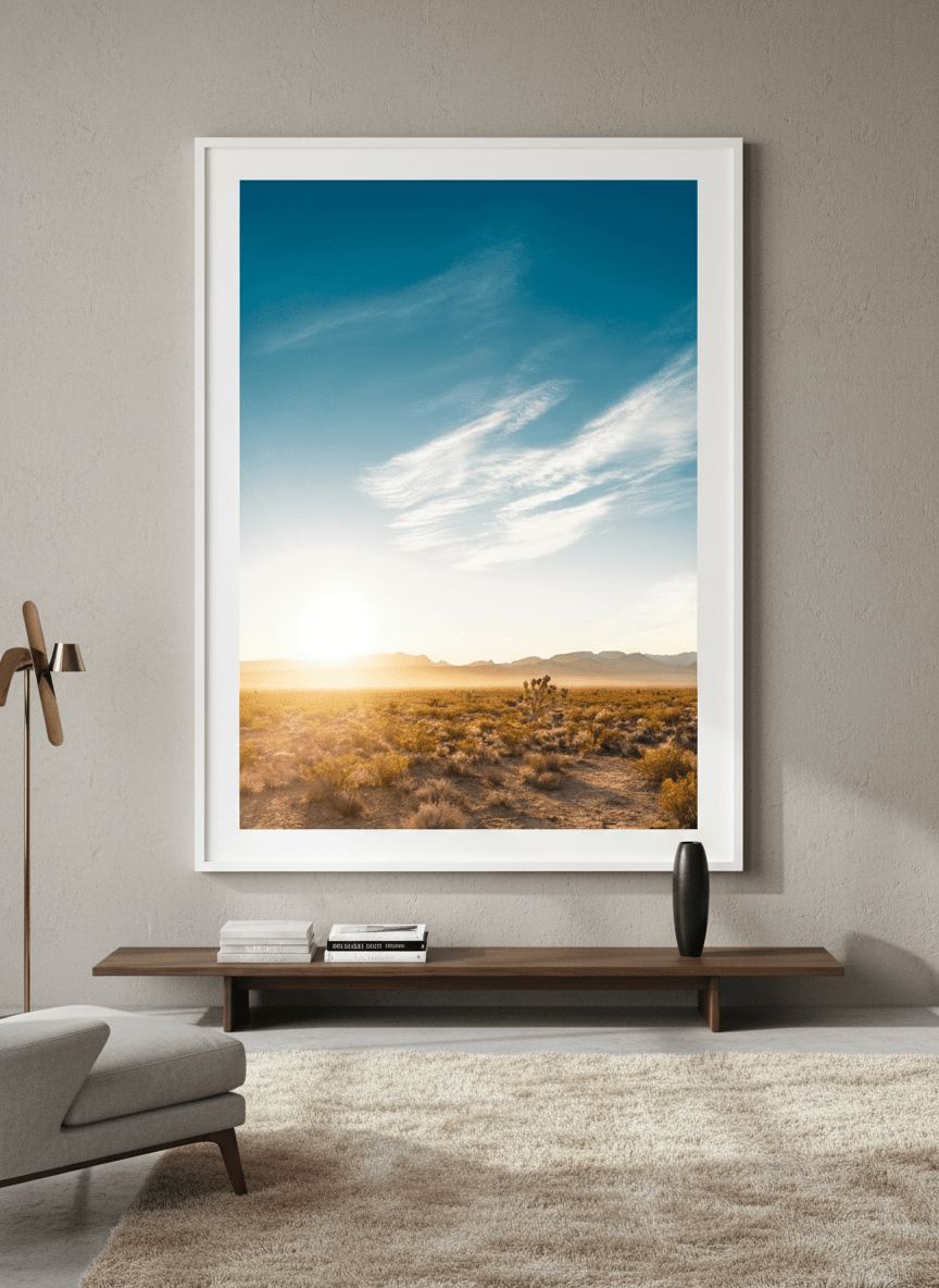 Monumental artwork centred on a feature wall in a luxe interior