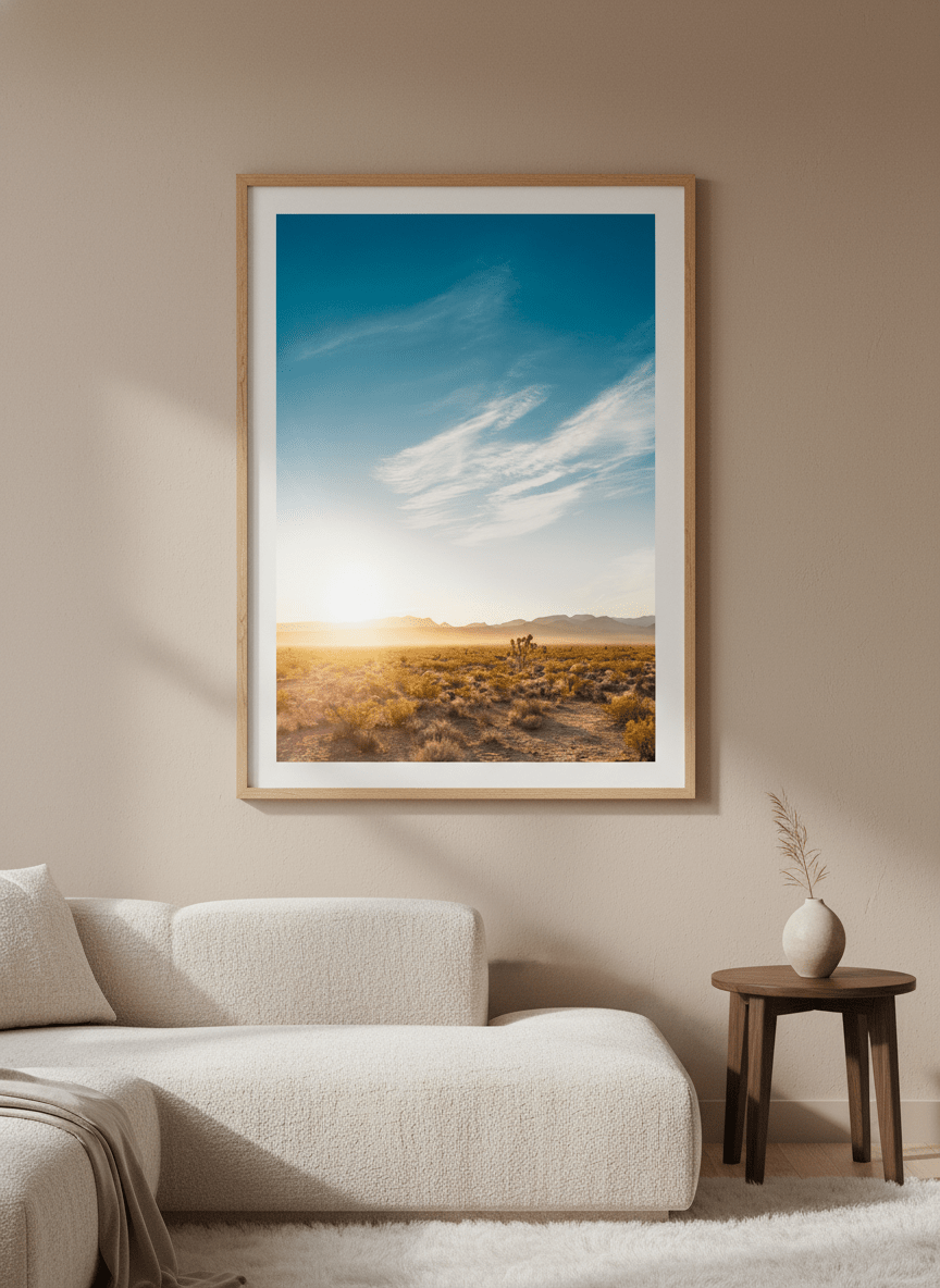 Modern wall art styled above a sofa in a neutral living room