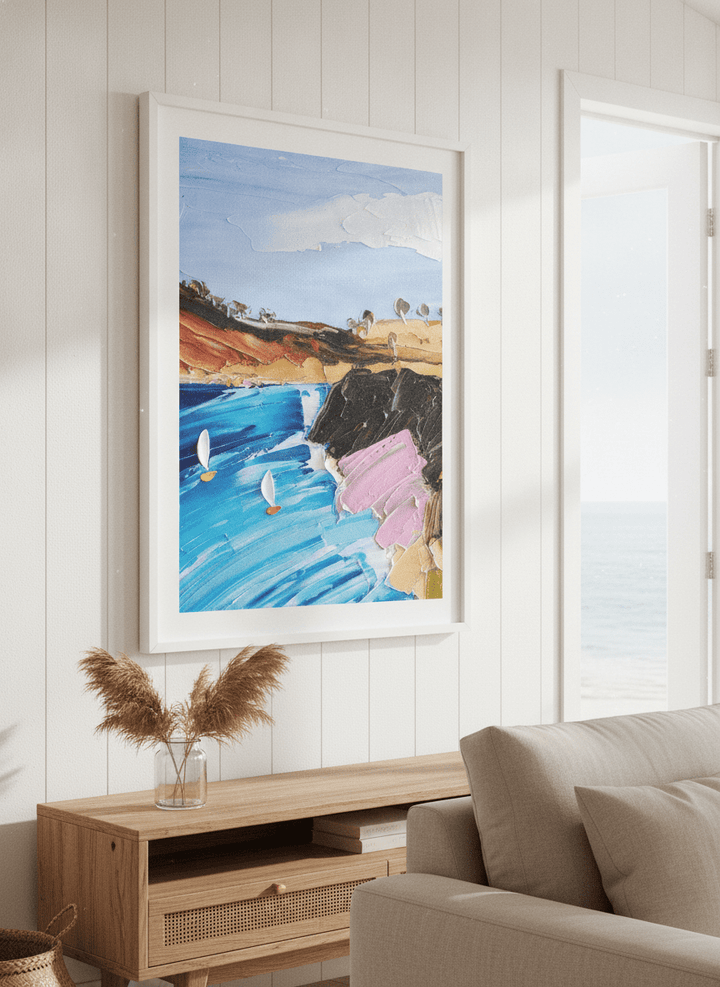 Neutral wall art displayed in a sunny coastal beach house