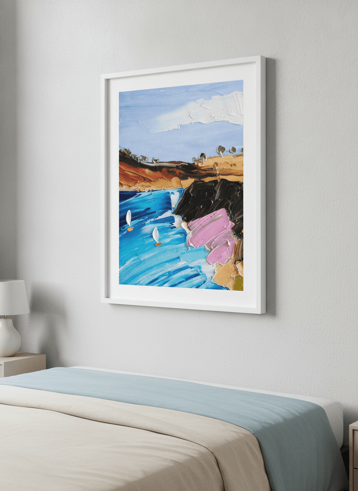 Minimalist artwork displayed in a calm, light-filled bedroom interior