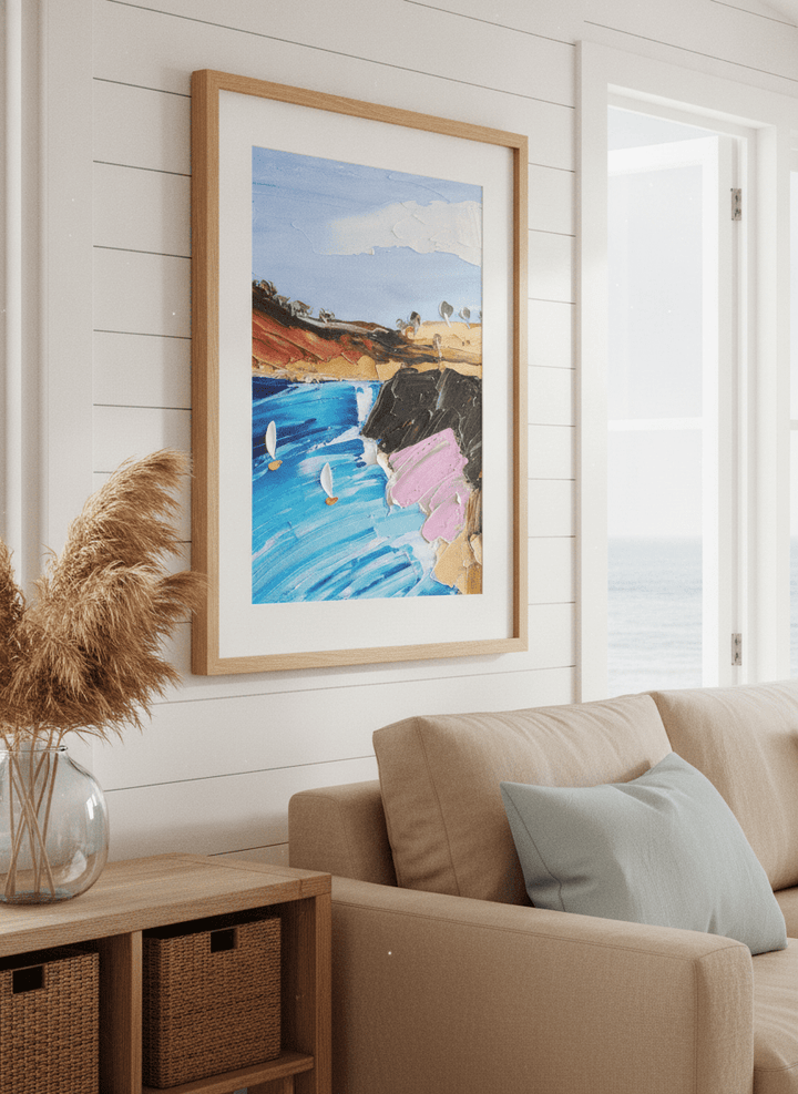 Neutral wall art displayed in a sunny coastal beach house