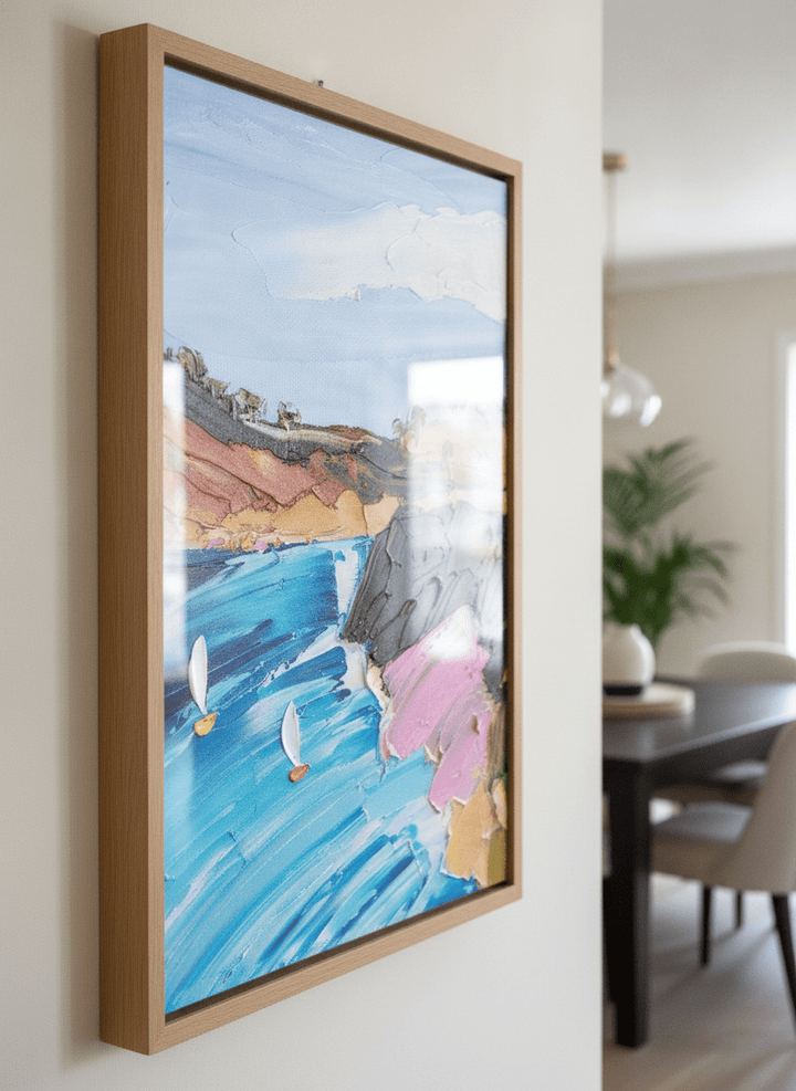 Wall art styled above a dining table in a contemporary home