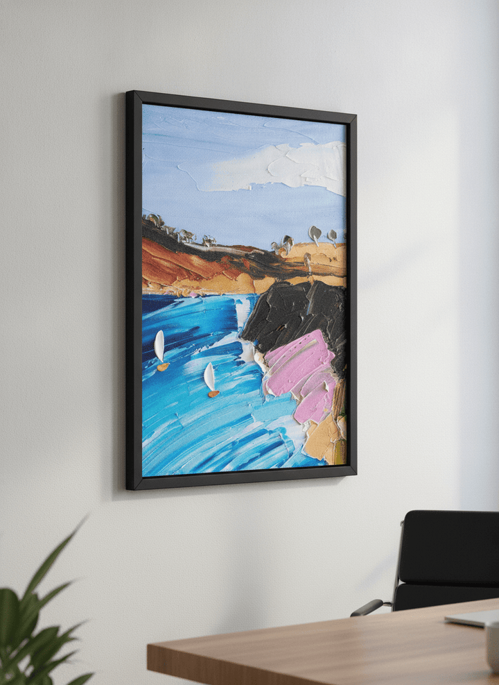Contemporary wall art featured in a bright modern office workspace