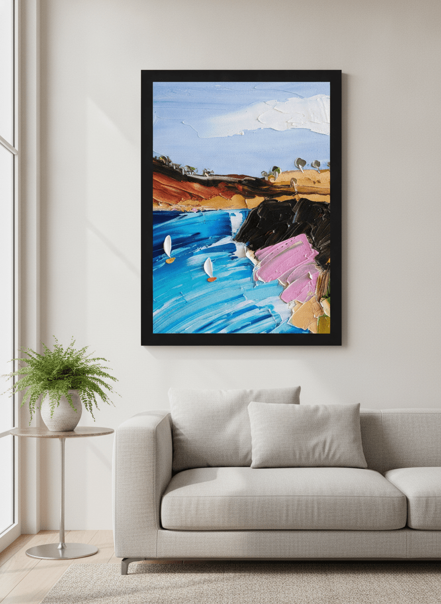 Modern wall art styled above a sofa in a neutral living room
