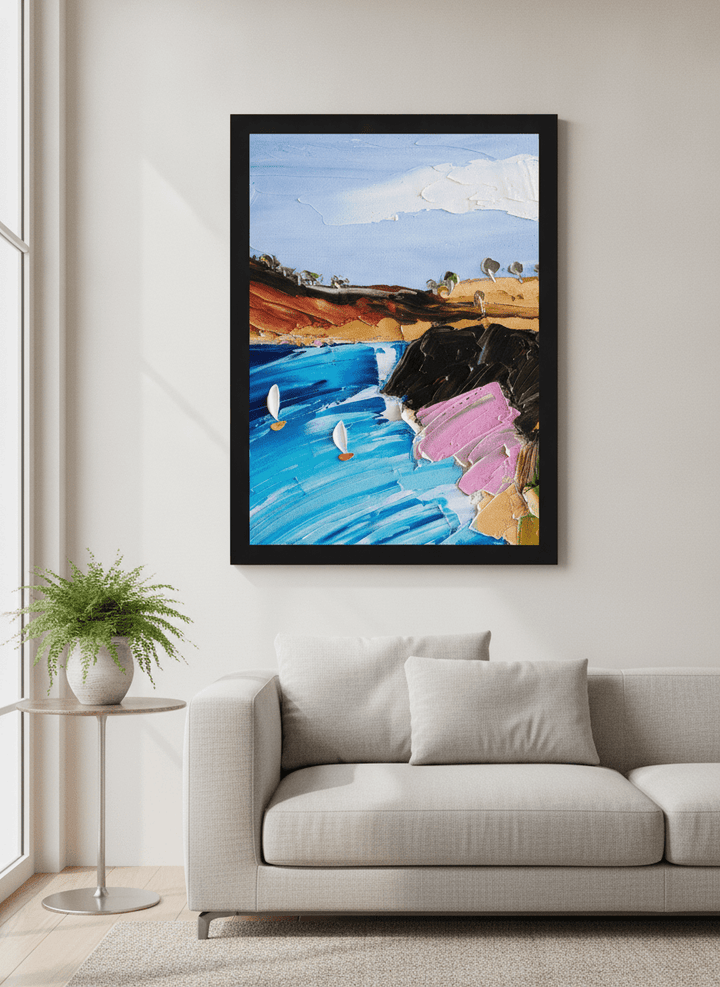 Modern wall art styled above a sofa in a neutral living room