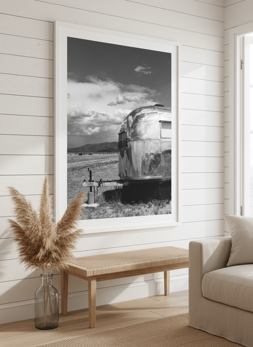 Neutral wall art displayed in a sunny coastal beach house