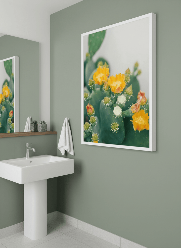 Modern print displayed in a clean minimalist bathroom setting
