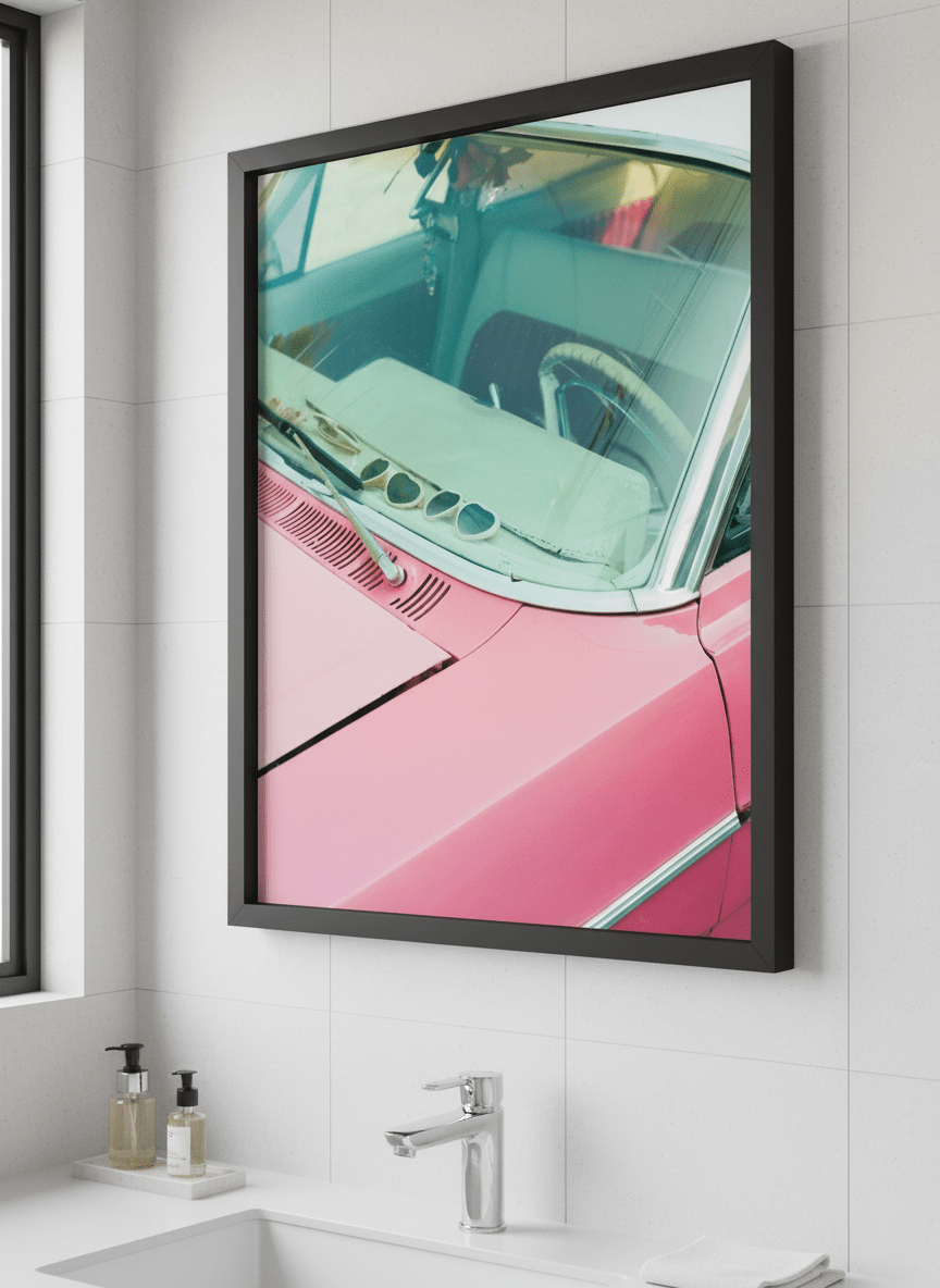 Modern print displayed in a clean minimalist bathroom setting
