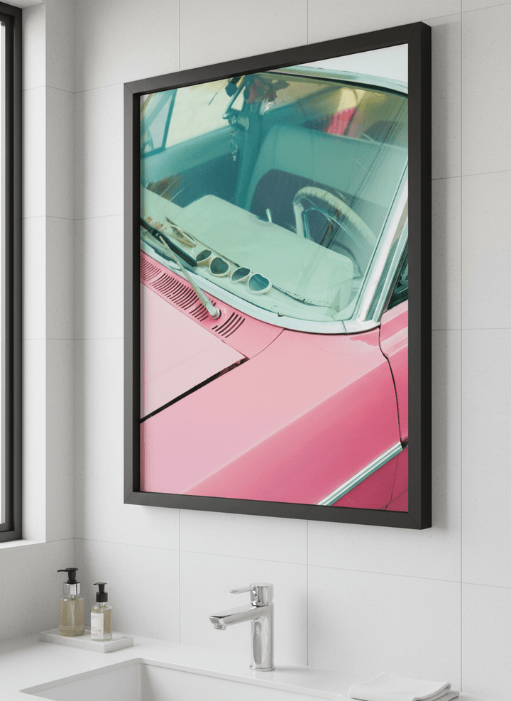 Modern print displayed in a clean minimalist bathroom setting