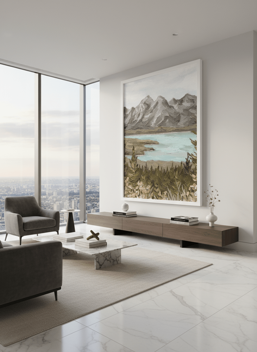 Monumental artwork centred on a feature wall in a luxe interior