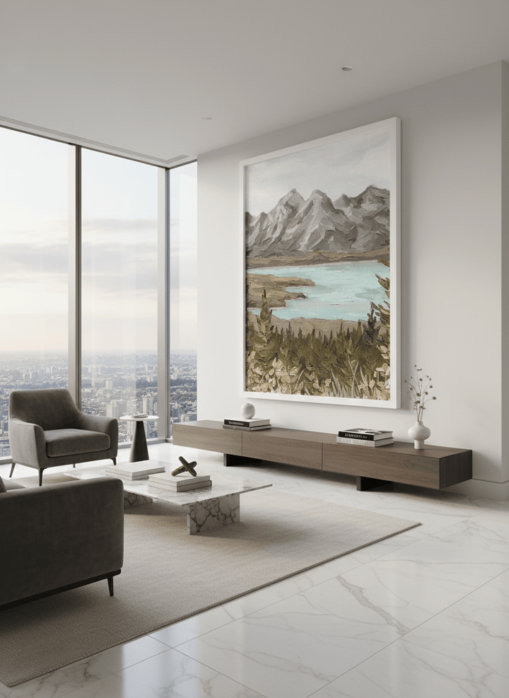 Monumental artwork centred on a feature wall in a luxe interior